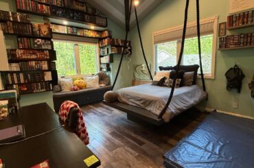 My Bedroom (and closeup of fully custom shelf I built with my dad!)