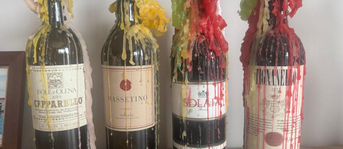 Candle-dripped wine bottles 🍷🕯️ (Super Tuscan edition)
