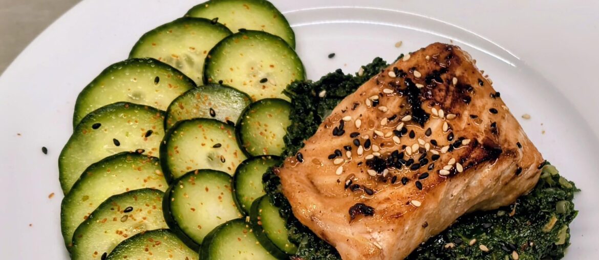 Teriyaki salmon with horenso no goma ae (Japanese spinach with sesame)