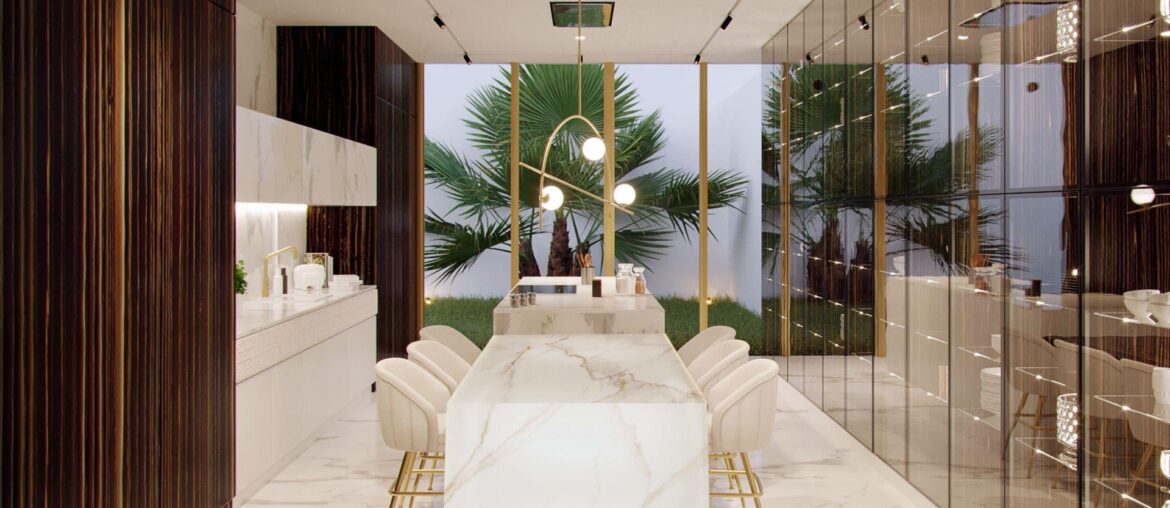 Sleek marble waterfall island with gold accents and tropical views. Lisbon, Portugal [1920x1080]