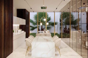 Sleek marble waterfall island with gold accents and tropical views. Lisbon, Portugal [1920x1080]