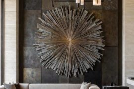 Modern luxury living room with statement sunburst wall art [1152×2048]