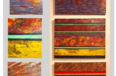 Group #11  All paintings in GROUP #8 are 24-by-30 acrylics on canvas with textured pastes and mixed media. This group of around 50 pieces centers on highly textured content. Posting them online in small sizes reduces the visible detail, so I've included close-up images to highlight the textures ....