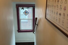 What are some cute privacy options for this window? This is the view from our only bathroom, but we sometimes have to leave the door open to keep an eye on baby bouncer or bassinet we leave in hallway while showering.