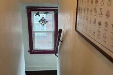 What are some cute privacy options for this window? This is the view from our only bathroom, but we sometimes have to leave the door open to keep an eye on baby bouncer or bassinet we leave in hallway while showering.