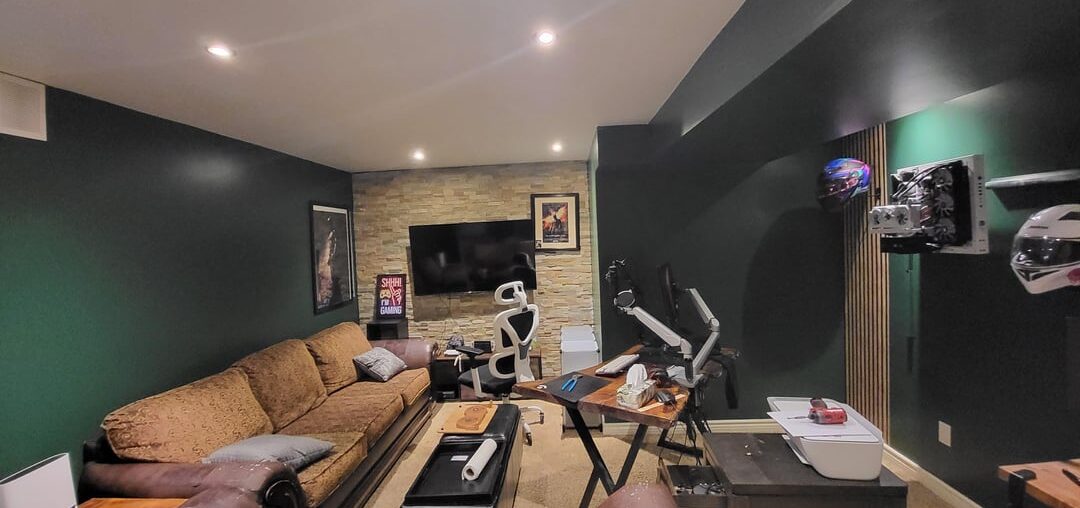 (pardon the mess, work in progress) should we paint the ceiling to match the walls in our game room?