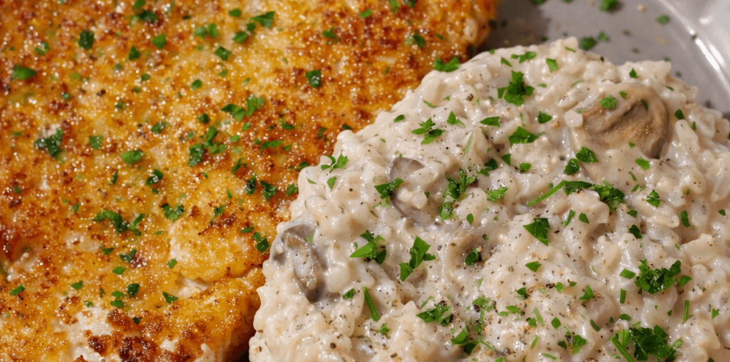 Escalope de dinde panée et risotto de champignons