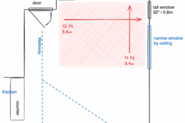 Corner space with windows, a TV, a couch, some kind of coffee table