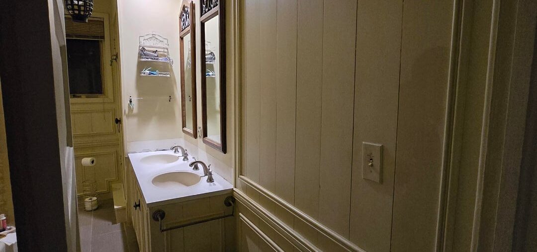 Small but tall bathroom with old wainscotting