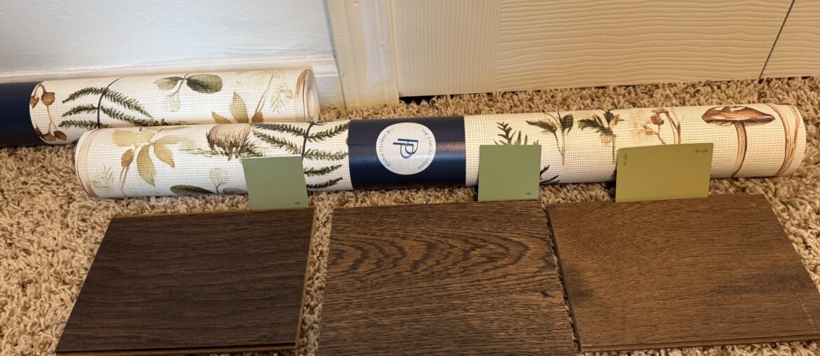 Help! Which paint sample goes with which flooring sample? And which combo goes best with the wallpaper? Help! Which paint sample goes with which flooring sample? And which combo goes best with the wallpaper?