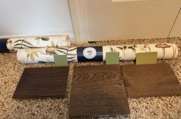 Help! Which paint sample goes with which flooring sample? And which combo goes best with the wallpaper?