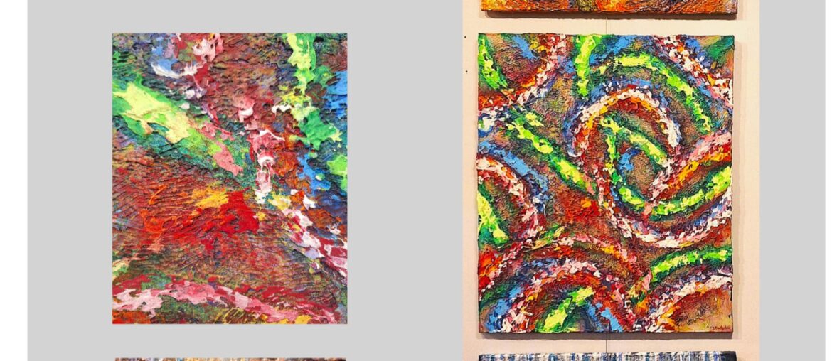 Group #10  All paintings in GROUP #8 are 24-by-30 acrylics on canvas with textured pastes and mixed media. This group of around 50 pieces centers on highly textured content. Posting them online in small sizes reduces the visible detail, so I've included close-up images to highlight the textures next