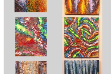 Group #10  All paintings in GROUP #8 are 24-by-30 acrylics on canvas with textured pastes and mixed media. This group of around 50 pieces centers on highly textured content. Posting them online in small sizes reduces the visible detail, so I've included close-up images to highlight the textures next