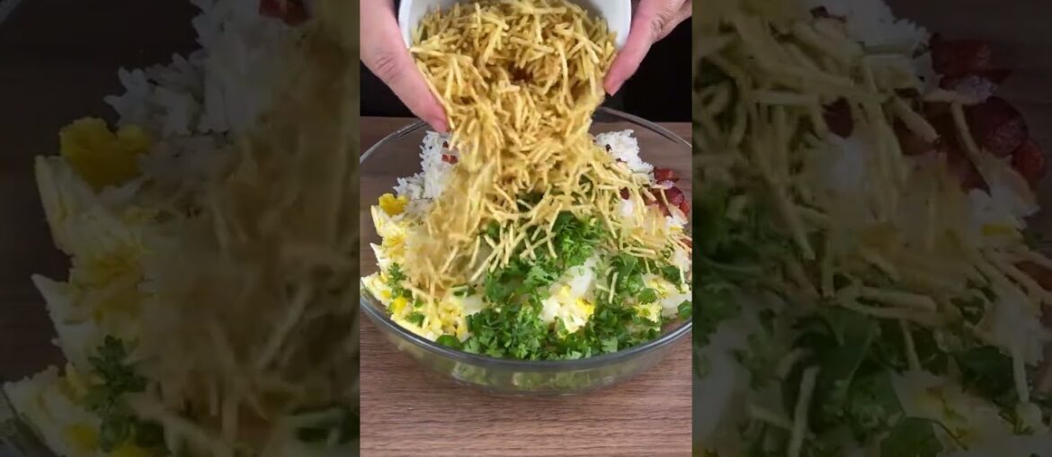 Rice with eggs bacon and french fries