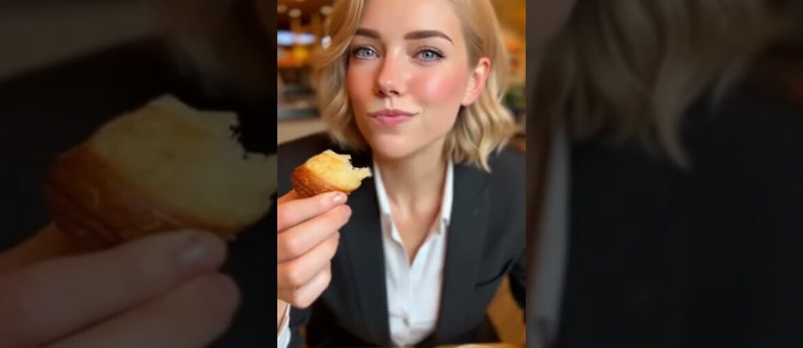 She demonstrates how to eat French patisserie , croissants flaking, chocolate eclairs being drizzled