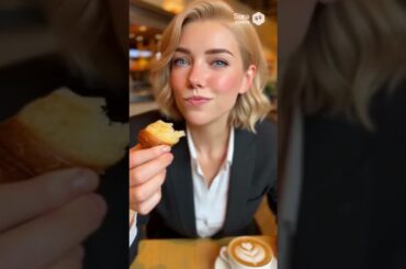 She demonstrates how to eat French patisserie , croissants flaking, chocolate eclairs being drizzled