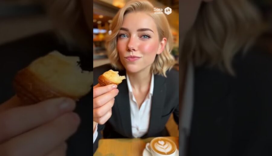 She demonstrates how to eat French patisserie , croissants flaking, chocolate eclairs being drizzled