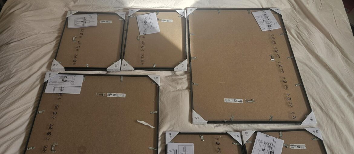 Four 11x15 inch and two 19x27 inch wall frame placement ideas (vertical because of art)