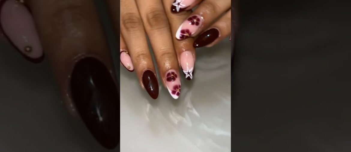 simple gel nails extension with flora art,wine nails,french nails, flower nails , extension 💅