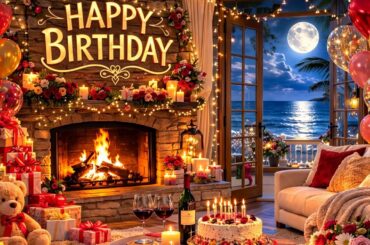 Live Happy Birthday Fireplace Ambience | Cozy Night Relaxation, Full Moon, Wine & Warm Fire