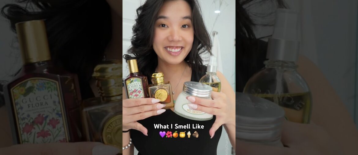 What I Smell Like 💜🌺🍊🍯🍦🪵 #fragrance #scentoftheday #shorts