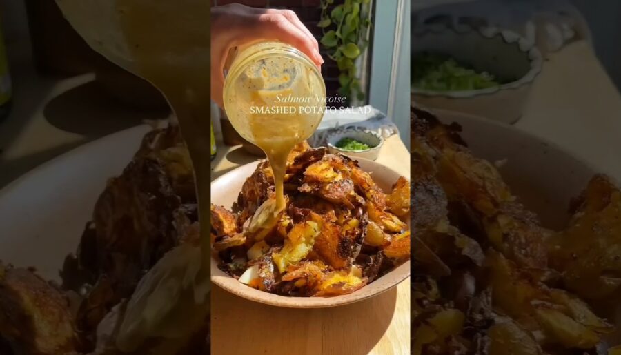 Crispy Smashed Potato Salmon Niçoise Salad 🥔🐟 #shorts