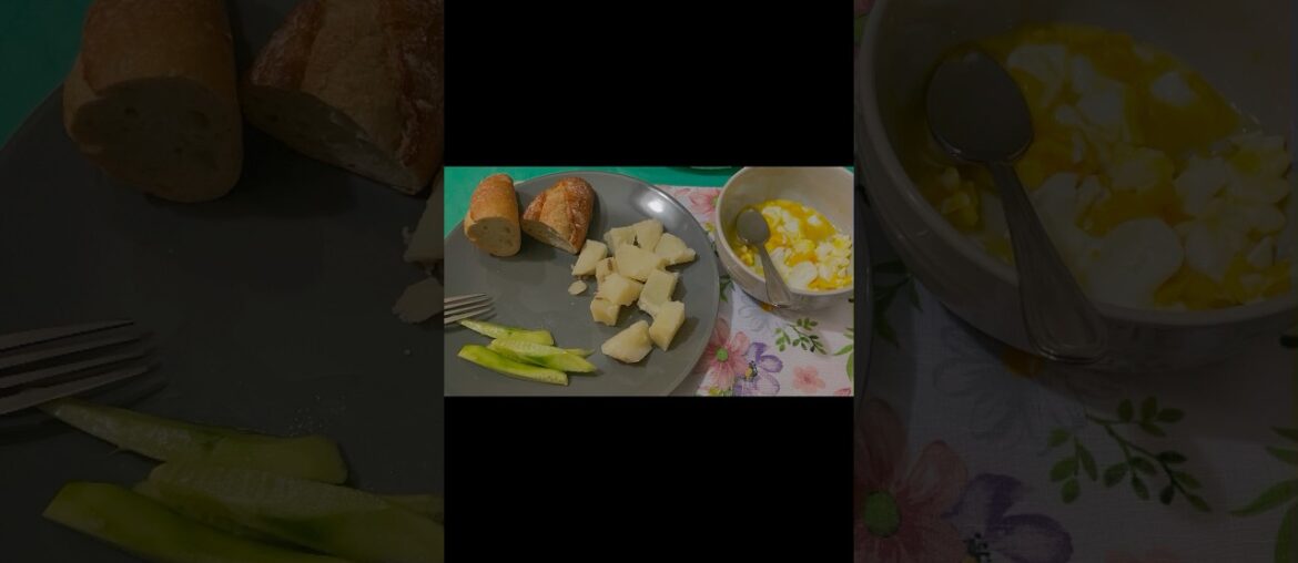 Monday dinner: eggs, boiled potatoes, cucumber, and French bread.