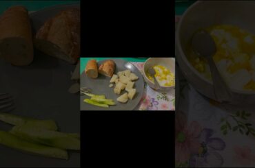 Monday dinner: eggs, boiled potatoes, cucumber, and French bread.