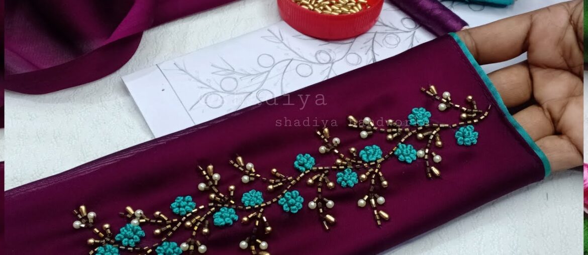 Wine colour sleeve with beads silk thread flower embroidery design|sleeve embroidery design 😍