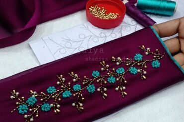 Wine colour sleeve with beads silk thread flower embroidery design|sleeve embroidery design 😍
