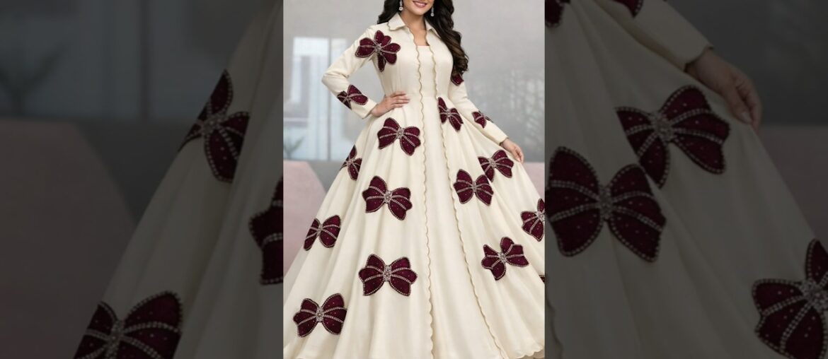 Work Umbrella Frock Design 2026 | Wine Bow Patch Wine Bow Patch Dress/Full Gher Designer Party Wear
