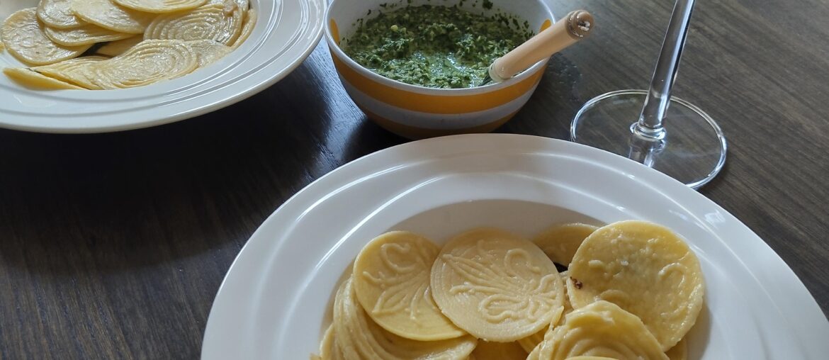 Whispering Angel 2025 with Corzetti pistachio Pesto and basil pesto.