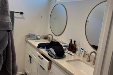 I need help with inspiration for the bathroom! It feels so bland. Not sure what color to paint the walls cause I don’t want to make it seem dark but also it feels like too much white with the stark white cabinets
