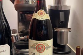 Floating grape-skin like object in bottle