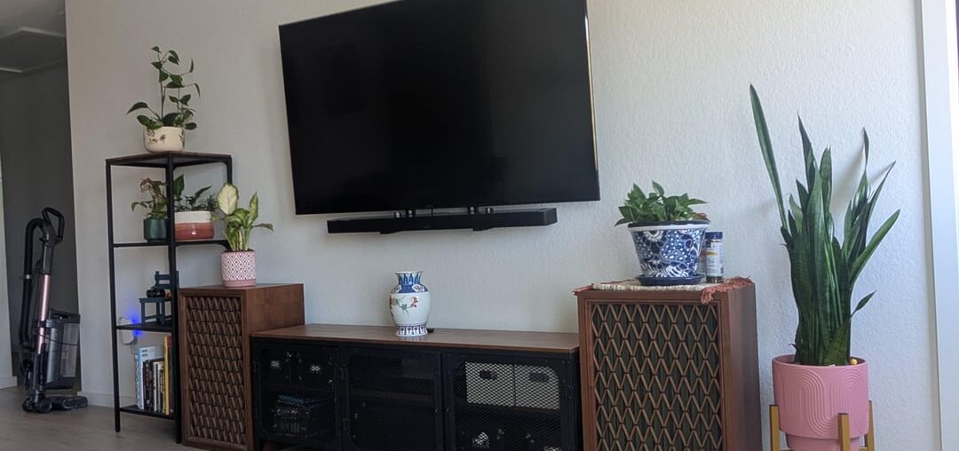 I want to keep the two speakers and the tv mounted where its at. What furniture would look best in this small space. Would like some decor advice please