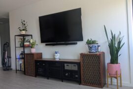 I want to keep the two speakers and the tv mounted where its at. What furniture would look best in this small space. Would like some decor advice please