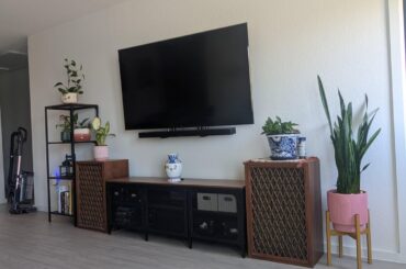 I want to keep the two speakers and the tv mounted where its at. What furniture would look best in this small space. Would like some decor advice please