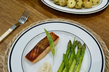 Spring is here! Pan-roasted salmon, Wye Valley Asparagus, Jersey Royals in Wild Garlic Butter, homemade Mayonnaise
