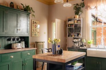 Kitchen with a bright yellow ceiling in a 1900s Victorian residence, Doncaster, South Yorkshire, England [711x1067]