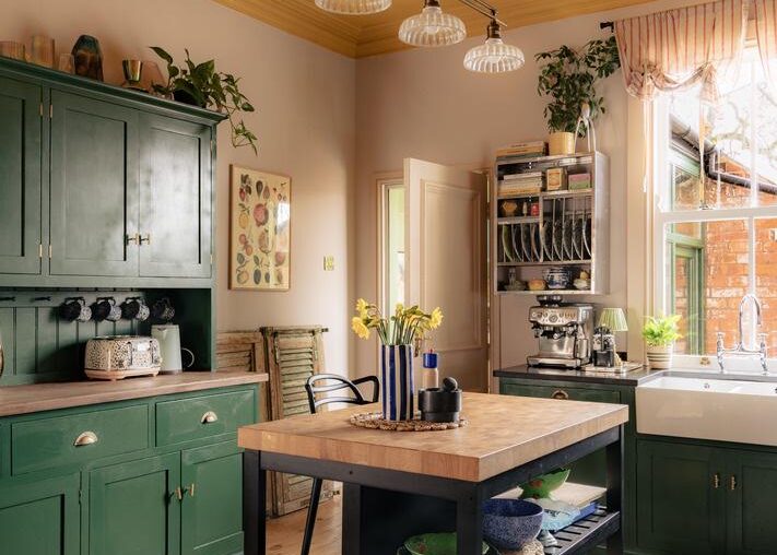 Kitchen with a bright yellow ceiling in a 1900s Victorian residence, Doncaster, South Yorkshire, England [711x1067]