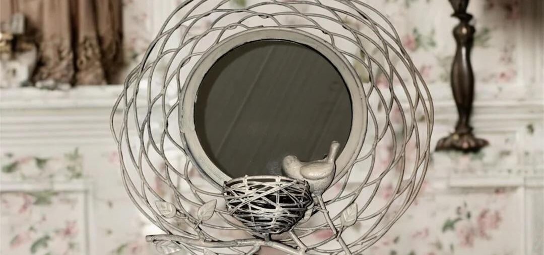 Vintage Shabby White Metal Round Mirror With Bird And Bird Nest