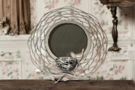 Vintage Shabby White Metal Round Mirror With Bird And Bird Nest