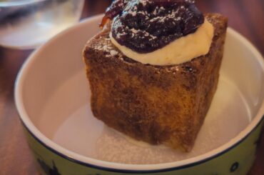 Cube croissant with ricotta and sour cherry jam and espresso