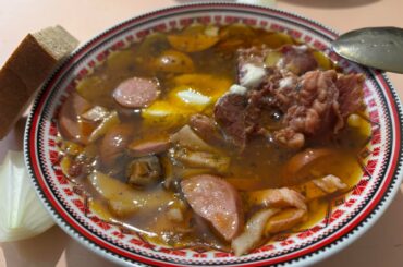 Today’s lunch in my military unit somewhere in Ukraine: solyanka soup, mashed potatoes with meat and vegetable stew, and vinaigrette salad