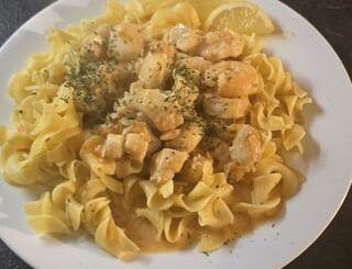 Repas du soir - Pâtes Fraîche aux Crevettes et Noix de Saint Jacques à la Crème et Tarragon, Dessert - Crème Brûlée