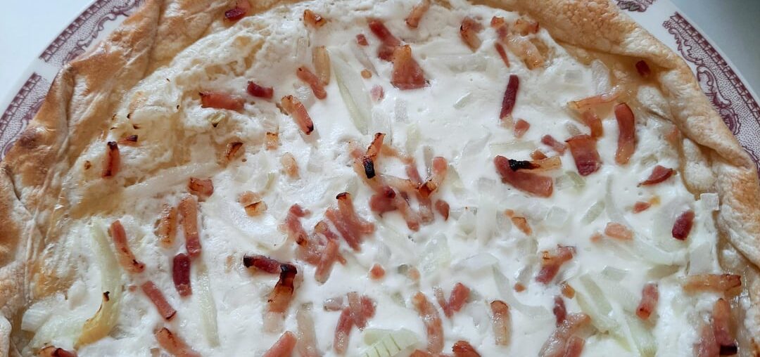 Alsatian tart (from Lidl) with salad and stuffed Brie with cream cheese and chives