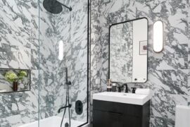 Wall options for covering very LOUD marble in bathroom