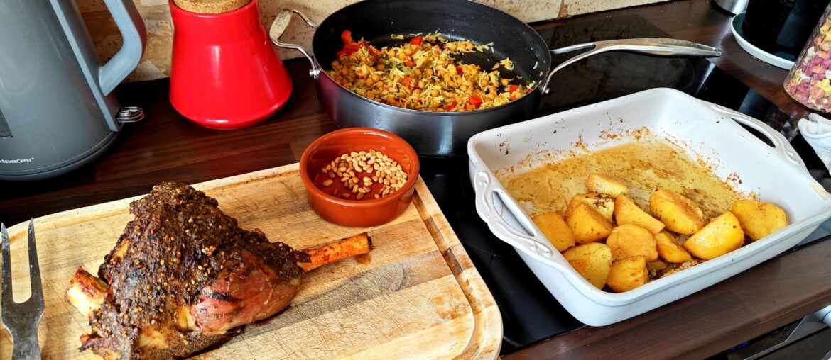 Za'tar lamb, confit potatoes and chickpea and pine nut pilaf