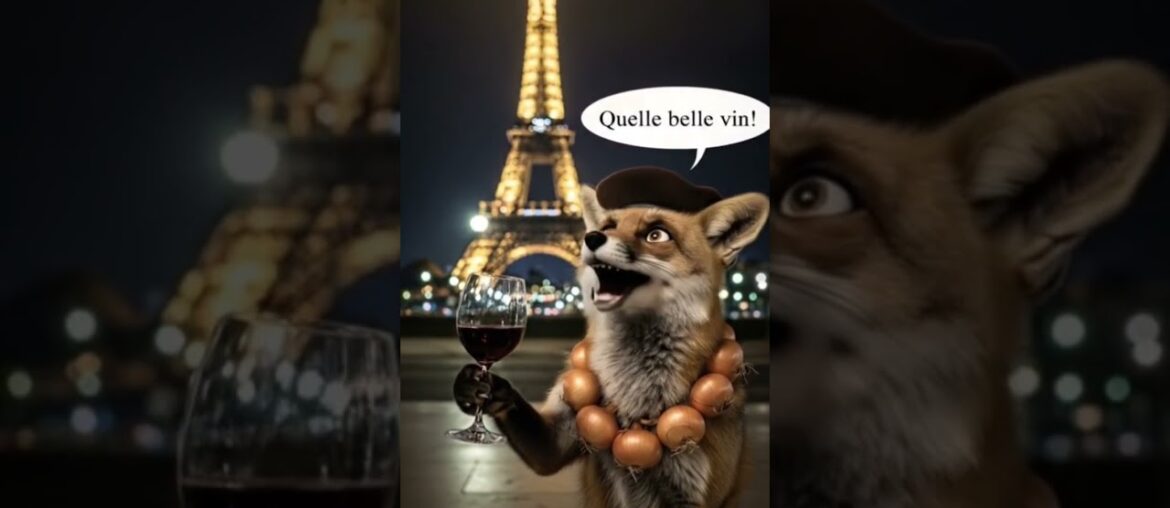 Ferdy the Fox is drinking Wine Selected From the Finest French Wines near the Eiffel Tower At Night