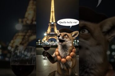 Ferdy the Fox is drinking Wine Selected From the Finest French Wines near the Eiffel Tower At Night